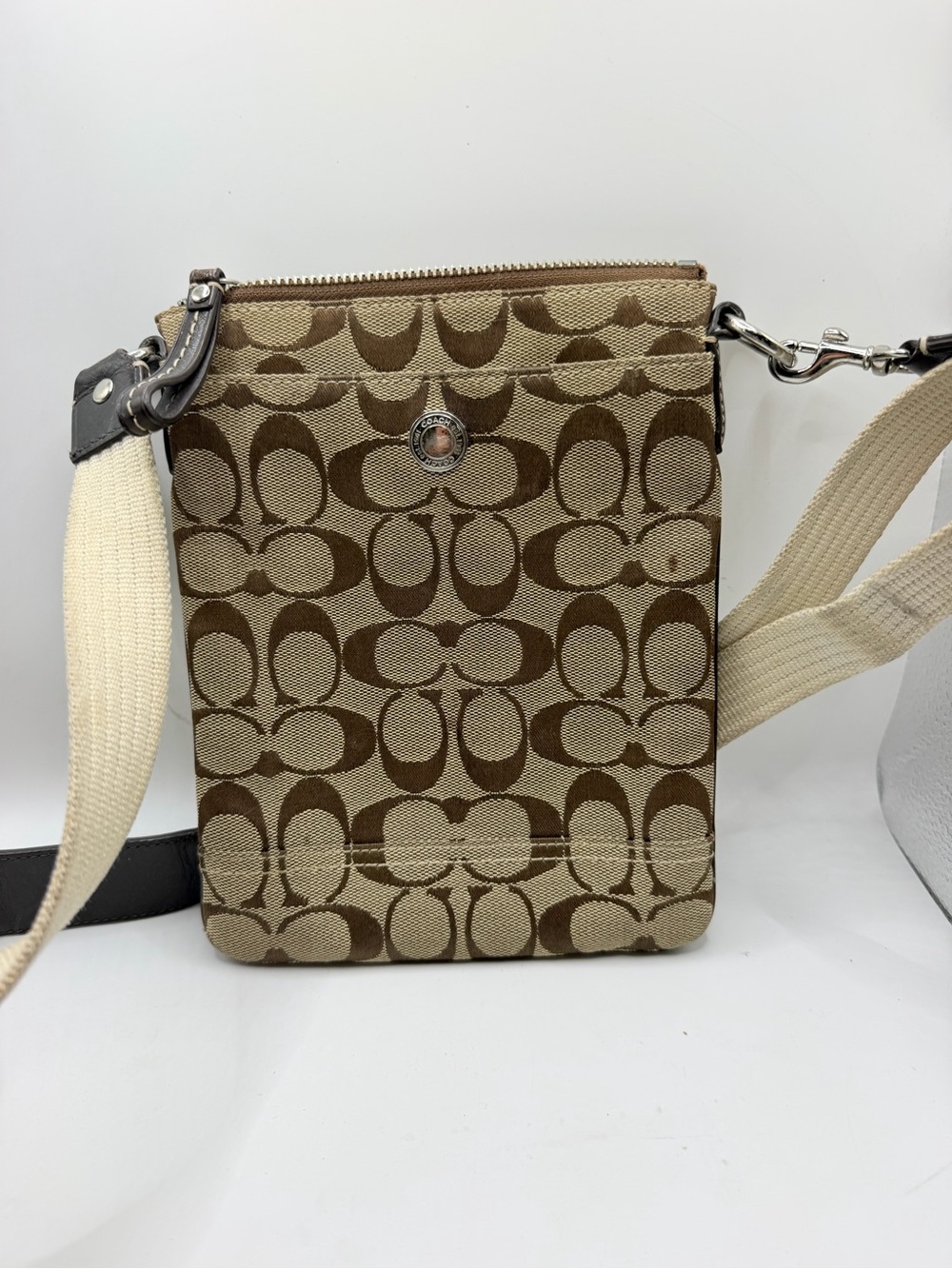 Coach Small Signature Canvas Crossbody in Brown and Cream